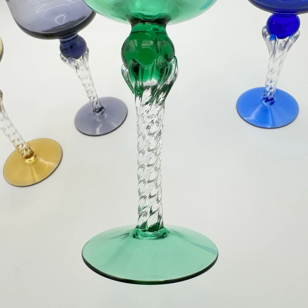 Vintage Hand Blown Colored Wine Goblets Set of 4 Twisted Clear Stem Art Glass